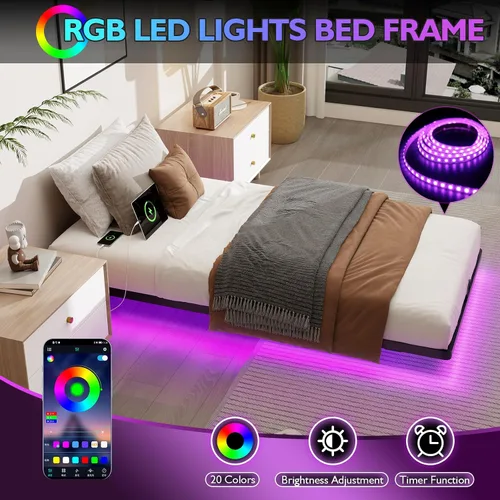 Miniatura 3 de Twin XL Size Floating Metal Bed Frame with Smart LED Lights & Charging Station, Metal Platform Bed Base No Box Spring Needed, Easy Assembly, Noise