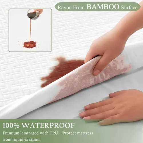 Miniatura 3 de Protector de colchón 100 % impermeable tamaño individual, funda de colchón de bambú y rayón transpirable con bolsillo de 8 a 21 pulgadas