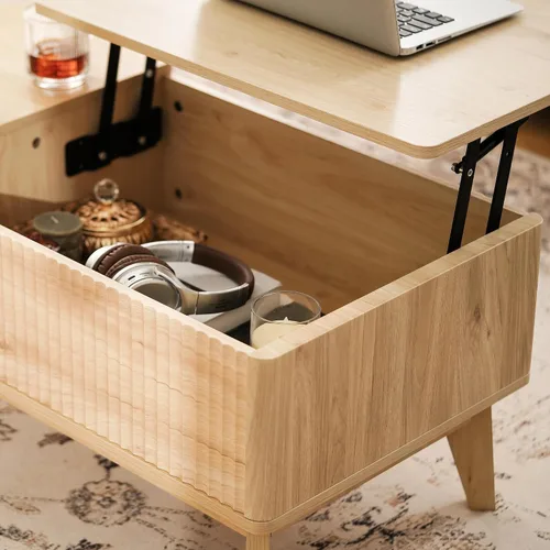 Miniatura 6 de LYNCOHOME Mesa de Centro con Tapa Elevable Acanalada con Almacenamiento, Mesa de Centro Moderna para Sala de Estar, Oficina en Casa (Natural)