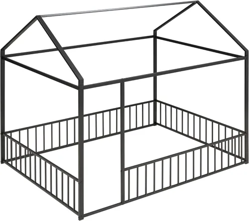 Miniatura 6 de Cama de metal de tamaño matrimonial con valla para niños, adolescentes, niñas, niños, cama de piso de casa, camas Montessori, se puede decorar marco
