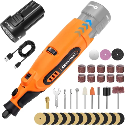 HARDELL Kit de herramientas rotativas inalámbricas de 12 V con 43 accesorios, 6 velocidades (10000-25000 RPM), batería extraíble de 1500 mAh, largo