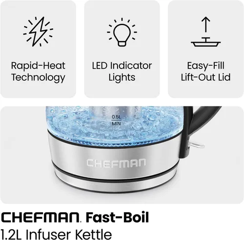 Miniatura 3 de CHEFMAN Hervidor Eléctrico – Tetera de Agua Caliente de 1.2L 1500W con Infusor, sin BPA, Apagado Automático, Protección contra Hervido en Seco, Tapa