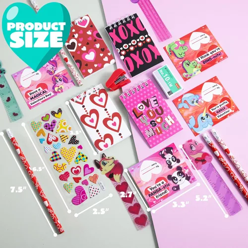 Miniatura 6 de JOYIN Juego de 28 artículos de papelería para el día de San Valentín con tarjeta de regalo para niños, incluye lápices, reglas, cuaderno