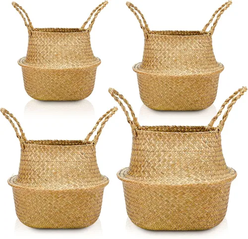 Miniatura 14 de Qunclay 4 Cestas Tejidas de Hierba Marina Belly Basket Plegable Boho Natural Maceta con Asas Redonda Decorativa de Mimbre Grande para Interiores