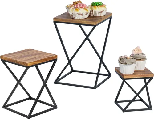 Miniatura 8 de MyGift Estantes para pizza, juego de 3 elevadores de alimentos para mesa de buffet, giratorios, geométricos, mate, de metal, apilables