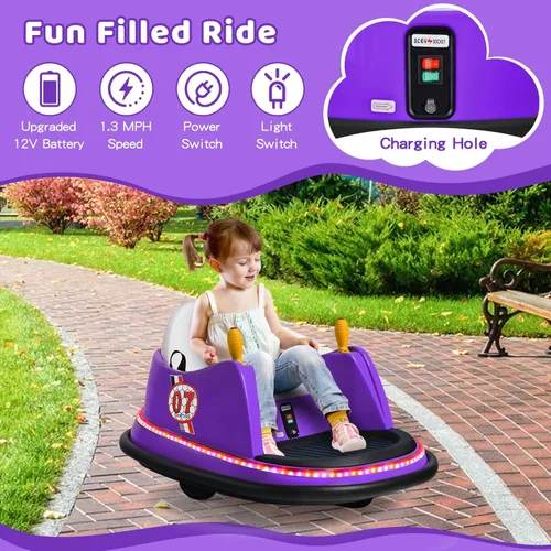 Miniatura 8 de HONEY JOY Coche de parachoques para niños pequeños de 12 V, funciona con batería, joysticks duales, luz LED intermitente y giro de 360 grados, Morado