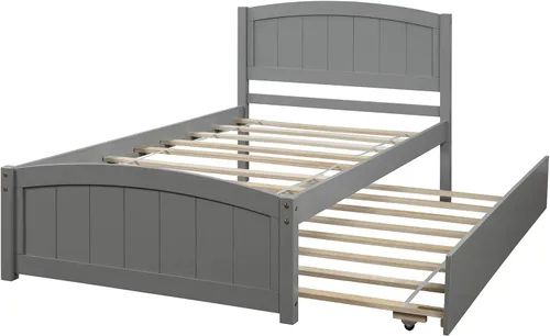 Miniatura 3 de Merax Cama de plataforma de madera con nido – Cama individual soporte de listones de madera, no necesita somier, gris