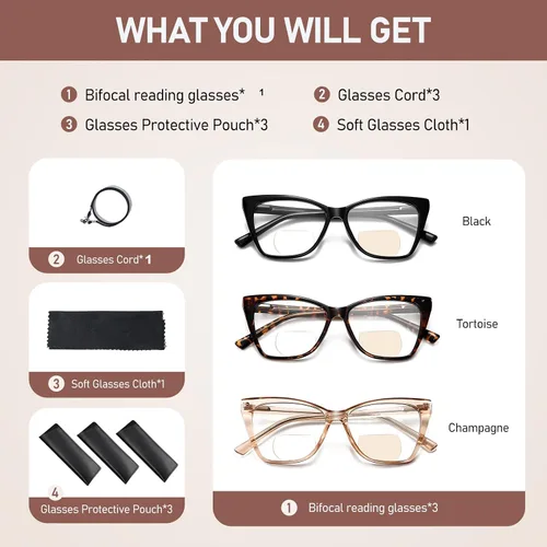 Miniatura 8 de Gafas de lectura bifocales para mujer, ojo de gato, de gran tamaño, bloqueo de luz azul, para lectores de computadora, gafas de diseñador Bifocal