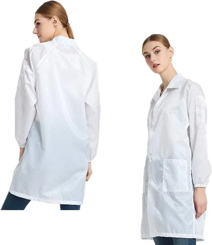 Miniatura 2 de ESD - Vestido de manga larga unisex antiestático para laboratorio no elástico ajuste cómodo uniforme de solapa pequeño blanco