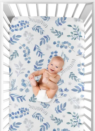 Miniatura 4 de Sweet Jojo Designs Sábana bajera ajustable para cuna para niño o niña, cama de bebé o bebé, color azul, gris y blanco, bohemio, acuarela, flores