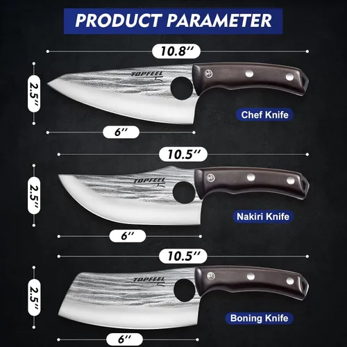 Miniatura 6 de Topfeel Juego de 3 Cuchillos de Carnicero Cuchillo de Chef Forjado a Mano Cuchillo para Deshuesar, Cuchillos de Corte de Carne de Acero con Alto