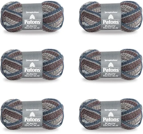 Patons Kroy Socks - Hilo de marga azul y marrón, paquete de 6 unidades de 1.75 onzas (1.76 oz), fibra mezclada, calibre #1-166 yardas, tejido,