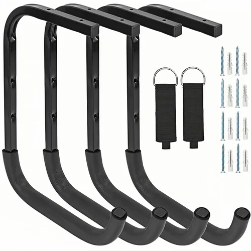Miniatura 8 de 4 ganchos de garaje montados en el techo, estante de almacenamiento de garaje superior, perchas de escalera para herramientas de bicicleta de madera