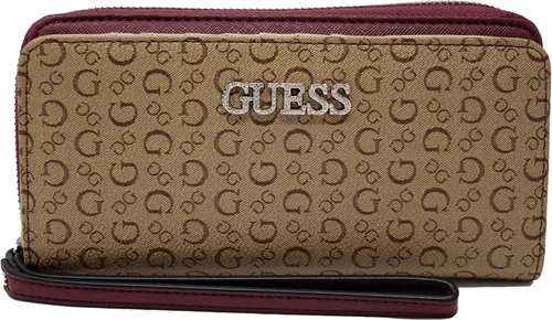 GUESS Bolso de mano con logotipo de diamantes de imitación y cremallera para mujer, color marrón, con caja de regalo, Negro, L