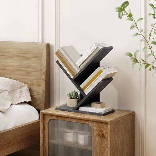 Miniatura 9 de Tajsoon Estantería de árbol de 3 niveles para libros, organizador de almacenamiento, estantería de escritorio, estantería de pie para Negro