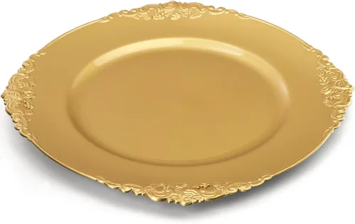 Miniatura 4 de Okllen Paquete de 12 Platos Base Dorados, Platos Base Redondos para Cena de 13" con Borde en Relieve para Catering, Boda, Decoración de Mesa