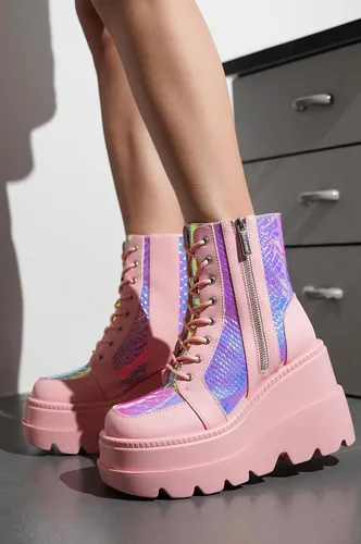 Miniatura 3 de Cape Robbin Botines de plataforma holográficos para mujeres, tacones gruesos en bloque, punta puntiaguda, cuero PU con correa de hebilla