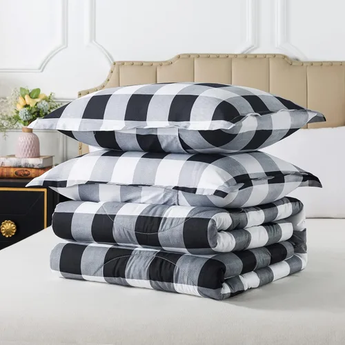 Miniatura 7 de Caressma Juego de edredón a cuadros tamaño individual, juego de ropa de cama de edredón a cuadros negros y blancos para todas las estaciones