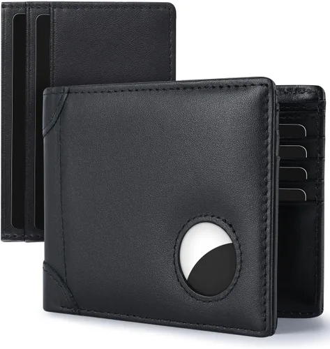 Miniatura 7 de Swallowmall AirTag Billetera para hombre con bloqueo RFID, de piel auténtica, plegable, para AirTag con 1 ventana de identificación, 13 tarjeteros