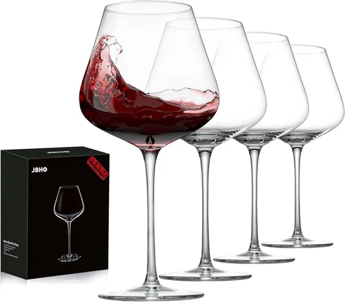 JBHO Juego de 4 copas de vino Burgundy de cristal estilo italiano de 21 onzas sopladas a mano - Cristal transparente premium sin plomo - Caja de