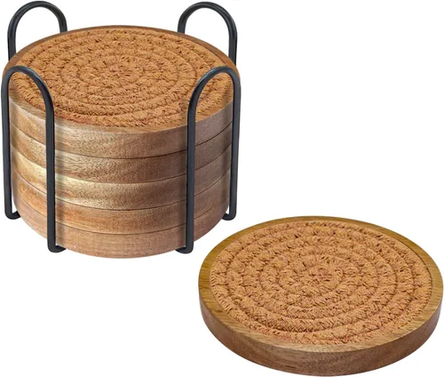 Miniatura 14 de Eykao Paquete de 5 posavasos absorbentes para bebidas, posavasos tejidos de 4.3 pulgadas para mesas de café, posavasos de madera para protección