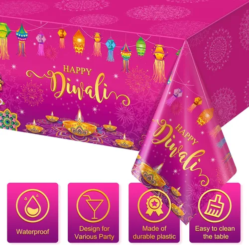 Miniatura 3 de Paquete de 3 manteles desechables Happy Diwali, mantel de plástico para mesas rectangulares, mantel Diwali para decoración india de Diwali