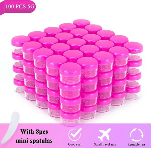 Miniatura 5 de 100 piezas de 5 gramos de envases de muestra, tarros vacíos de 5 ml con tapas, envases cosméticos pequeños, tarros de muestra mini con 8 piezas