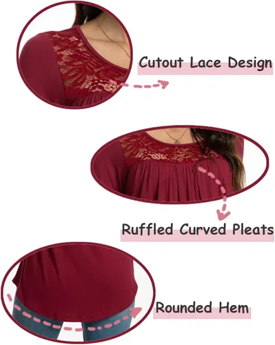 Miniatura 4 de BISHUIGE Blusa de manga corta para mujer, estilo casual, holgada, con panel de encaje, plisada
