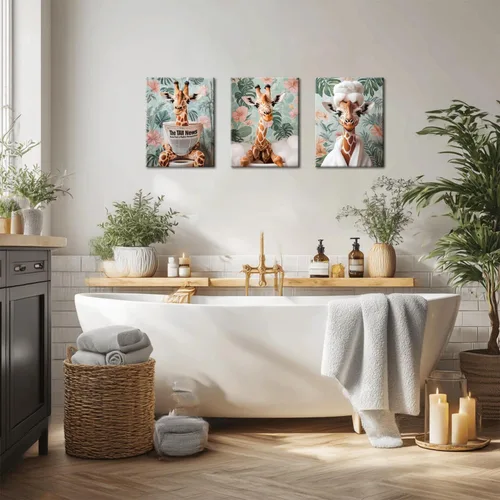 Miniatura 2 de Conjunto de 3 divertidos cuadros de animales para baño, lindas pinturas de jirafa leyendo el periódico, arte en lienzo de batas botánicas eclécticas