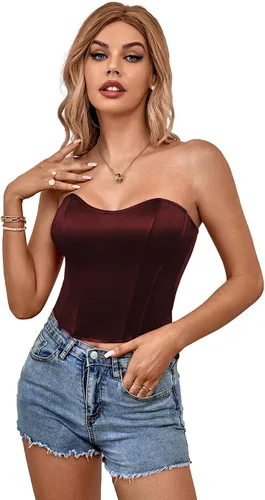 Miniatura 5 de LYANER Blusa sexy de satén con cuello de corazón para mujer, sin tirantes, corsé