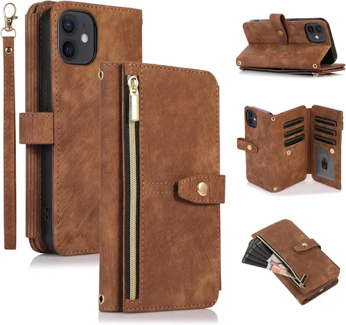 Miniatura 12 de UEEBAI Funda tipo cartera para iPhone 12 Mini de 5.4 pulgadas, retro 9 ranuras para tarjetero, bolsillo con cremallera, cierre magnético, función