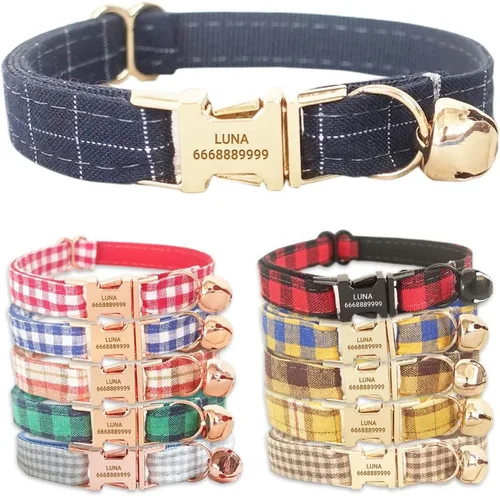 Miniatura 16 de PETDURO Collares de gato a cuadros hechos a mano personalizados con campana y hebilla de metal grabada con nombre personalizado para gatos lindos