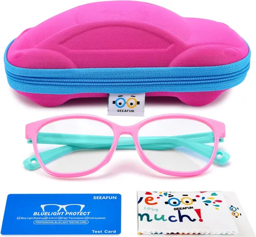 Miniatura 17 de Gafas de luz azul para niños y niñas con bonita funda de automóvil, protección UV400, antirayos azules, edades de 3 a 12 años Azul transparente