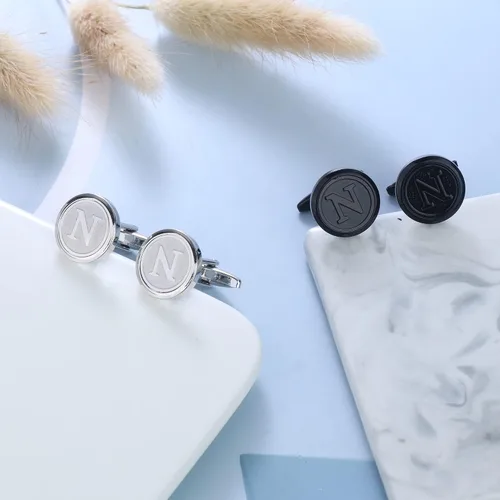 Miniatura 6 de ORAZIO Gemelos para hombre, con iniciales grabadas, color plateado, negro, juego de esmoquin de acero inoxidable, enlaces, letra del alfabeto A-Z