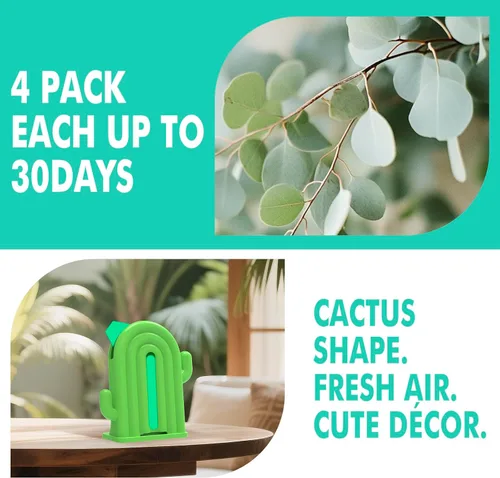 Miniatura 2 de Ambientador para el hogar, paquete de 2, 2 recargas, aroma de eucalipto, eliminador de olores, hasta 120 días, ambientador en forma de cactus
