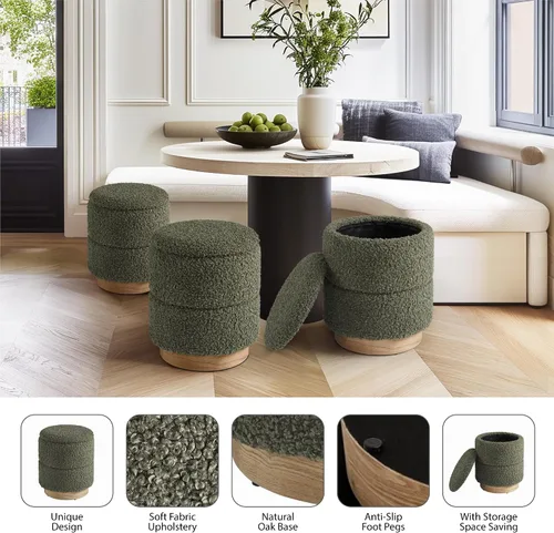 Miniatura 3 de Get Set Style Otomana redonda con almacenamiento, taburete otomano moderno Boucle tapizado con base de madera, silla de tocador, reposapiés, asiento