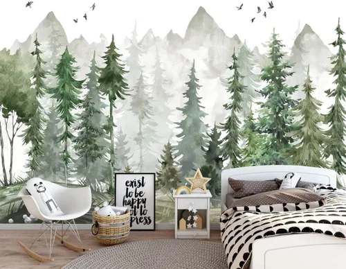 MFWFM Papel Tapiz Forestal Acuarela Verde Mural de Bosque para Habitación de Bebé (No Despegar y Pegar)