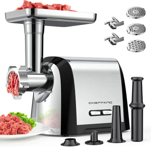 Picadora de carne eléctrica, 2600 W máx. 3 en 1, relleno de salchichas de alta resistencia con tubo de salchicha y kit de kubbe, 3 placas de