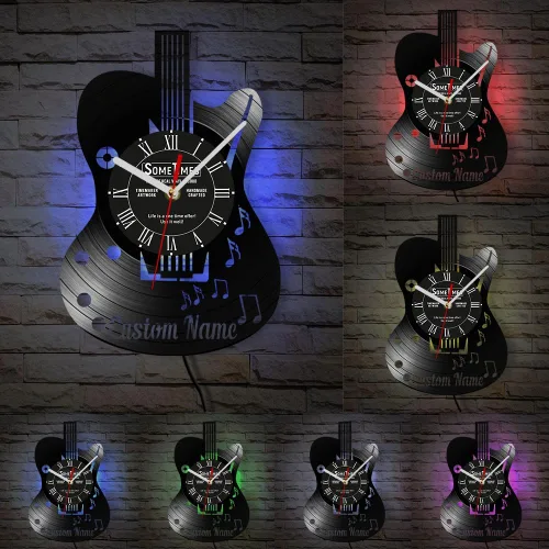 The Geeky Days Reloj de pared para guitarra musical con texto personalizado, 7 tipos de LED de color personalizado, nombre de guitarrista, reloj de