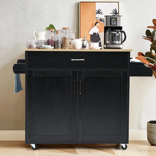 Miniatura 8 de COSTWAY Isla de cocina sobre ruedas, carrito de almacenamiento rodante con gabinete grande, cajón, estante de especias y toallero, utilidad