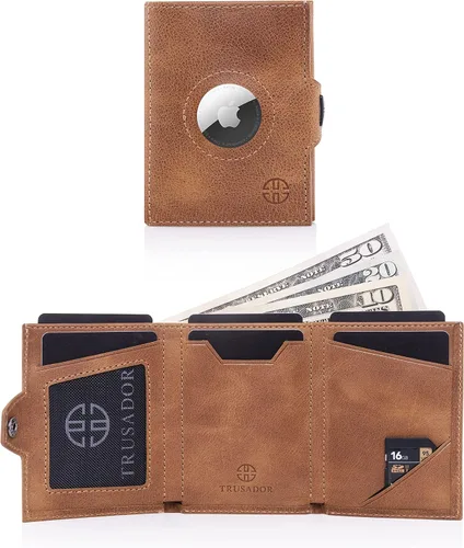 Miniatura 3 de TRUSADOR Verona - Cartera unisex de piel con bolsillo frontal, Coñac, Soporte para monedas y Airtag
