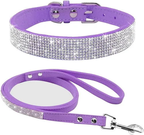 Miniatura 16 de Conjunto de Collar y Correa para Mascotas, Bonito y Deslumbrante de Ante Suave con Diamantes de Imitación de Cristal, Collar y Correa para Gatos