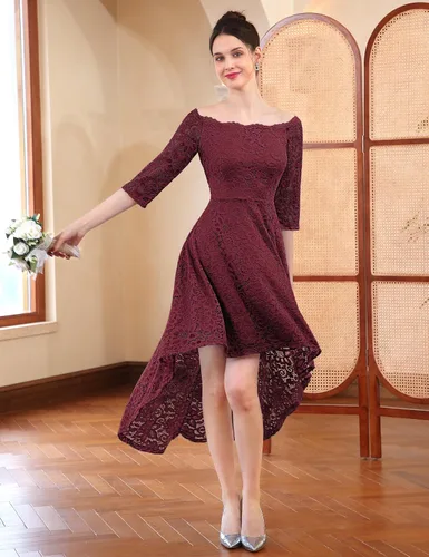Miniatura 4 de Dressystar - Vestido de encaje para mujer, vestido asimétrico con vuelo y hombros descubiertos ideal para cóctel, dama de honor, fiesta formal