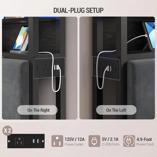 Miniatura 6 de Hzuaneri Cabecero con estantes de almacenamiento de 3 niveles, tablero de cabecera tapizado de terciopelo con 2 tomas, puertos USB y luz LED
