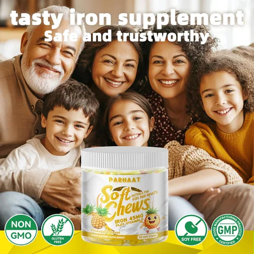 Miniatura 6 de Suplemento masticable suave de hierro con vitamina C Sabor a piña Sin gluten Suplemento de hierro para mujeres, hombres y niños 60