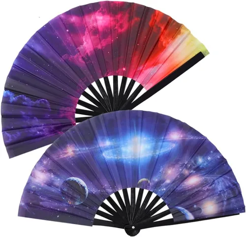 Abanico plegable grande de bambú, 2 unidades, ventilador de mano plegable de bambú, ventilador de mano plegable de tela de nailon chino/japonés para
