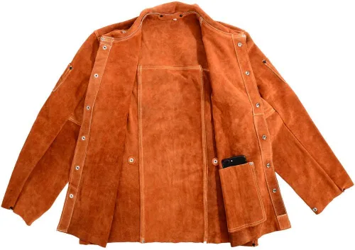 Miniatura 6 de QeeLink Chaqueta de trabajo de soldadura de cuero con delantal de pierna dividida, resistente al fuego, resistente al fuego, chaquetas de soldador
