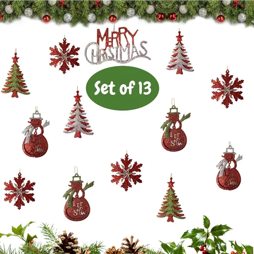 Miniatura 3 de Surtido de adornos de Navidad – Purpurina roja plateada y verde – Juego de 13 adornos de Navidad con purpurina – Muñecos de nieve – Feliz Navidad