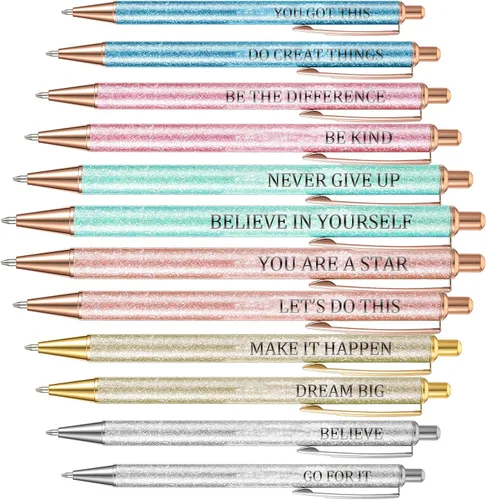 Miniatura 12 de Jeyiour 12 bolígrafos divertidos para adultos, elegantes inspiracionales con purpurina con mensajes motivacionales, bolígrafos bonitos para oficina