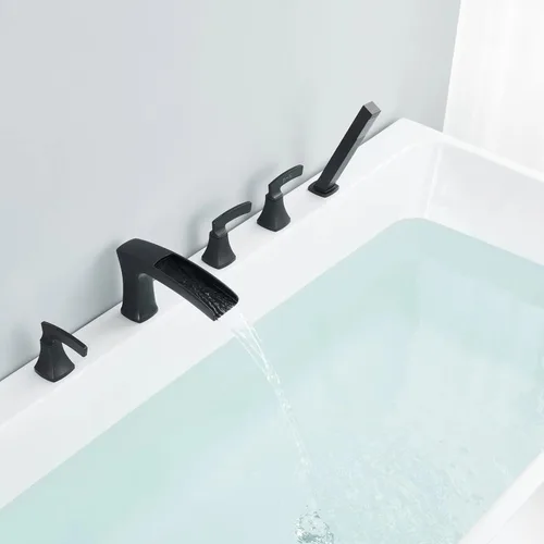 Miniatura 4 de Grifo de bañera romana, grifo de bañera en cascada, grifo de bañera negro de montaje en cubierta, 5 agujeros, grifos de baño de latón con ducha